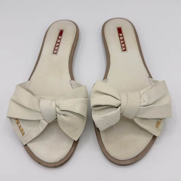 Prada Shoes - Beautiful Prada Logo Flip Flops Sandals Womens Size 6 36 EU Ivory Leather Slide